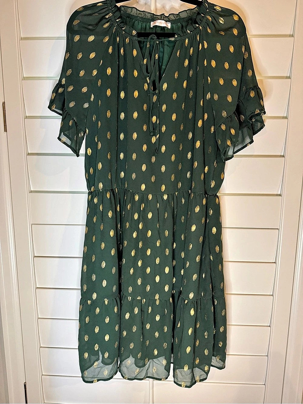 Kirundo Olive Green Metallic Gold Dot Tiered Mini Dress XL Like New
